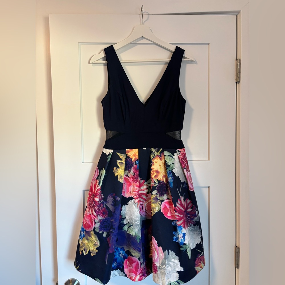 Xscape Navy One-Shoulder Floral Fit-and-Flare Dress